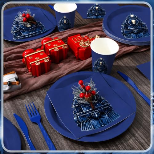 Blushtier 50-Piece Polar Christmas Party Tableware Set — Train Variation, Blue Holiday Dinnerware for 50 Guests