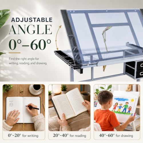 Adjustable Glass Top Drafting Table with Drawers and Wheels for Art & Design