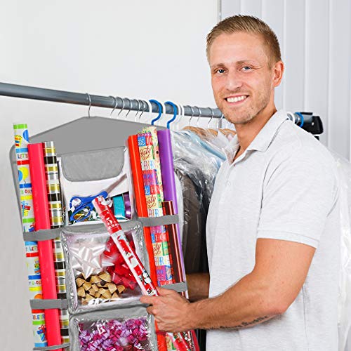 Hanging Double-Sided Gift Wrapping Paper Organizer with Pockets Grey