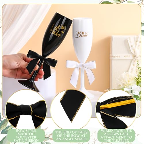 Bridesmaid Champagne Flutes Set 8 Pcs White & Black Elegant Glasses with Twist Bows