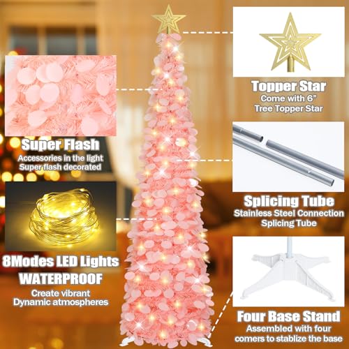 HMASYO 5ft Dreamy Pink Pop Up Tinsel Christmas Tree with Timer Lights