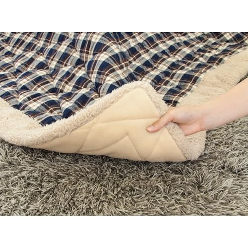Square Kotatsu Futon Comforter, 75 x 75 Inch Navy Checked Polyester Blanket