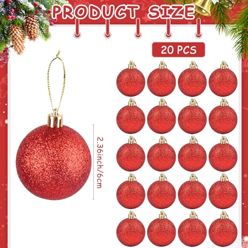 ChezMax Red Glitter Christmas Balls Ornaments - 20pcs 2.36'' Shatterproof Holiday Decor