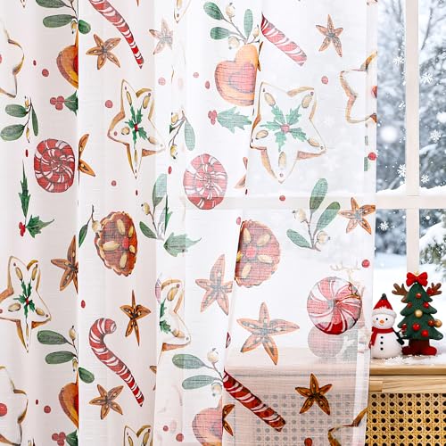 BROSHAN White Christmas Sheer Curtains 2-Panel Set 52W x 63L - Gingerbread & Candy Cane Pattern