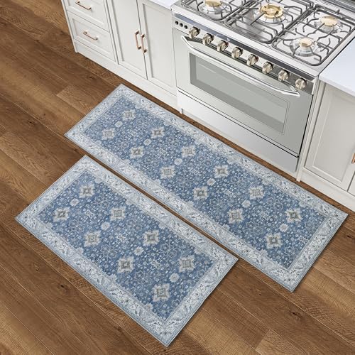 2-Piece Washable Chenille Rug Set, Geometric Print, Non-Slip, Blue/Taupe