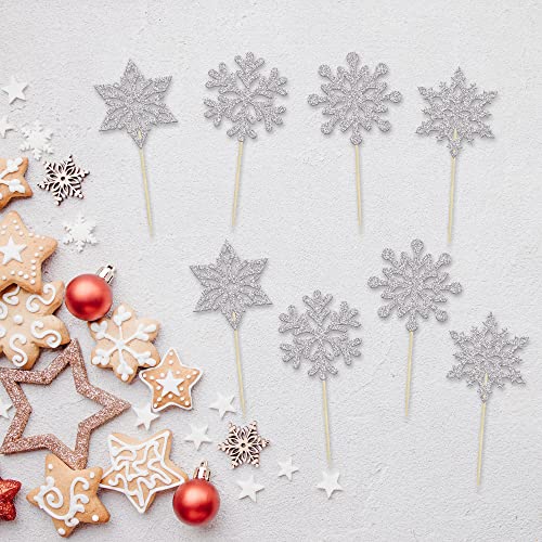 Ephlyn Silver Snowflake Cupcake Toppers 24Pcs Winter Wonderland Party Decorations