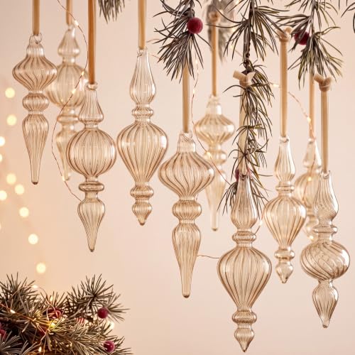 Sonwyoung Light Brown Vintage Glass Finial Christmas Ornaments 12 Pcs