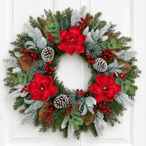 Hoobalon 28 Inch Frosted Red Magnolia Christmas Wreath for Front Door