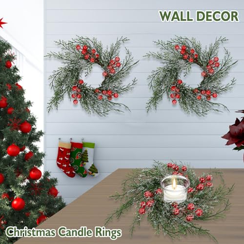 Set of 6 Christmas Candle Ring Wreaths with Red Berries & Snowy Pine