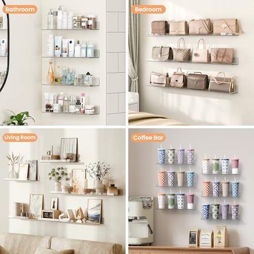 Clear Acrylic Floating Shelves for Wall - 15x4 Inch Display Ledge, 6 Pack