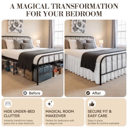 Queen Bed Skirt 15 Inch Drop - Elastic Wrap Around Dust Ruffle, White