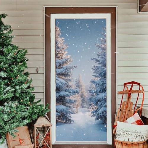 Burbuja 35 x 79 in Snowy Forest Door Cover - Stretch Fabric Backdrop for Holidays