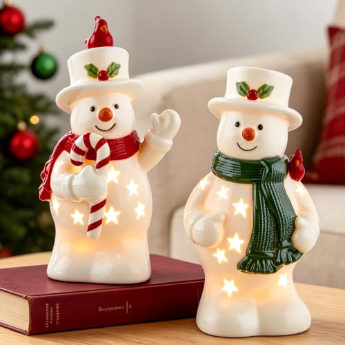 WDS WONDROUS Christmas Snowman Figurines Set with LED Lights, Red & Green Scarves, Ceramic, 6.3" - Holiday Table Decor