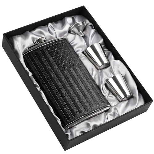 Leather America Flag 12oz Hip Flask with Cups & Funnel - Men's Gift, Black