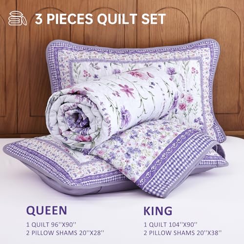 Floral Quilt Set Queen, Purple Flower Bedspread Coverlet for All Seasons