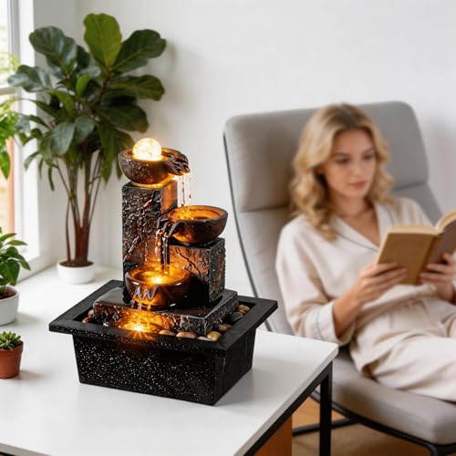 Tabletop Water Fountain with Rotating Ball & Warm LED Light - Zen Decor