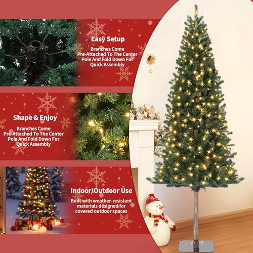 Garvee 7.5 ft Artificial Slim Christmas Tree with Warm White Lights & Metal Stand – Green, Easy Assembly, Holiday Decor for Home & Office