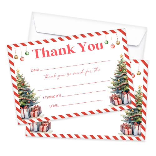 Christmas Tree Thank You Card Set with Envelope – Kids Holiday Greeting Cards, 20-Pack