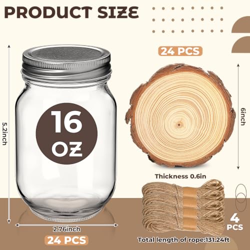 Honeydak 24-Piece Mason Jar Centerpieces Set – 24 Clear Jars, 24 Wood Coasters & 65.62 ft Jute Rope