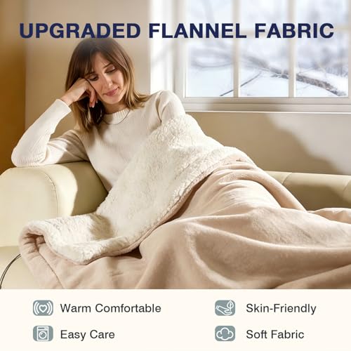 Soft Flannel Electric Heating Blanket - 50"x60", 9 Heat Levels, Auto Off, Machine Washable, Beige