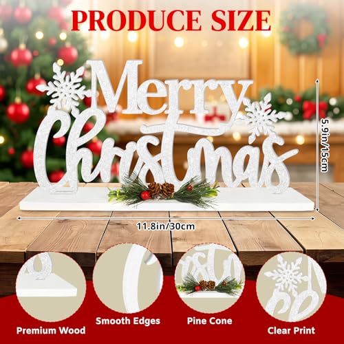 Wooden Merry Christmas Table Sign, White Glitter Snowflake Farmhouse Decor (M) 11.81 x 5.91 in