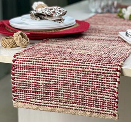 Chardin Home Natural Jute Red Table Runner 13x108 Inch - Farmhouse Decor