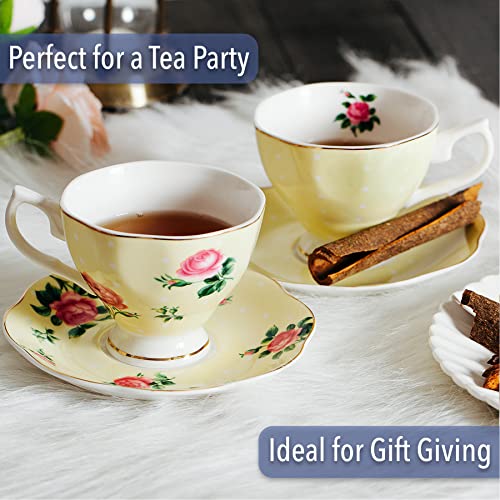 Brew To A Tea Floral Tea Cup & Saucer Set of 8, 8 oz Multicolor Porcelain