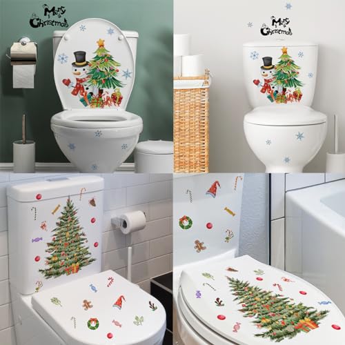 2Pcs Christmas Wall & Toilet Decals Snowman & Tree Holiday Stickers
