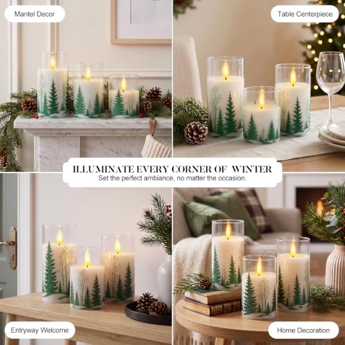 Raycare 3-D Flame Flameless Pillar Candles with Remote (D3 x H4/5/6) Green Tree