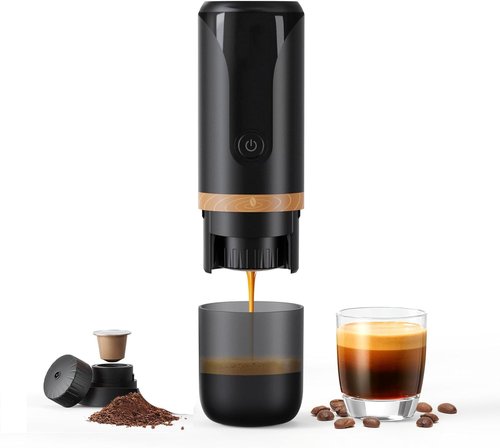 BRBHOM Portable Electric Espresso Coffee Maker Electric Coffee Machine Compatible with NS Capsules and Coffee grounds for Camping, Travel, Home【Self-Heating version】