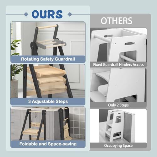 Foldable Toddler Kitchen Stool - 3-Height Adjustable Wooden Learning Tower