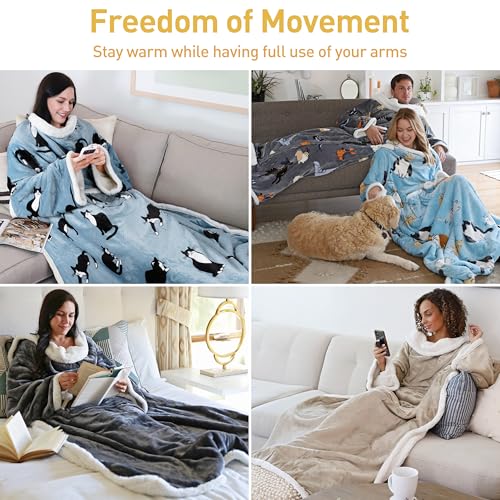 Sherpa Wearable Blanket with Sleeves and Pocket for Adults
