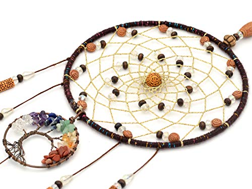Tree of Life Dream Catcher with 7 Chakra Healing Crystals 18-inch Wall Decor