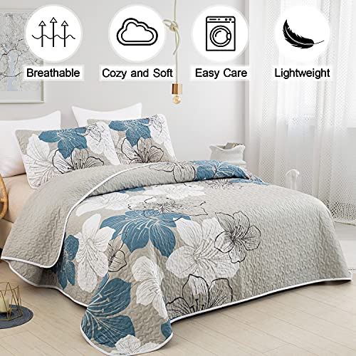California King Floral Quilt Set - 3-Piece Blue Boho Bedspread