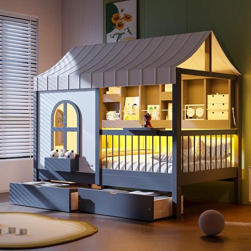 Twin Size House Bed with Storage Drawers, Bookshelf, and LED Lighting