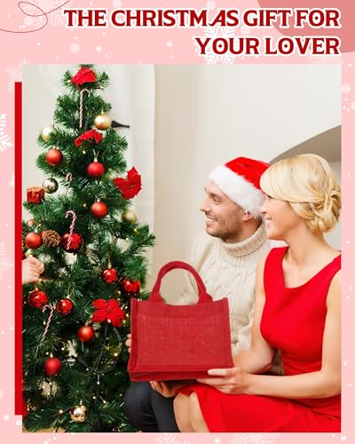 Cunno 12 Pcs Burlap Tote Bags with Handles, Small Reusable Jute Gift Bags, 9.06 x 5.12 x 6.3 cm, Red Style