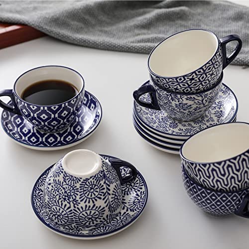 Vintage Blue 8oz Ceramic Cappuccino Cup Set with Saucers - Pack of 6