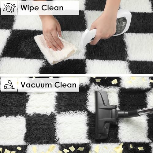 Checkered Area Rug 4x6, Soft Fluffy Shag Carpet for Bedroom and Living Room