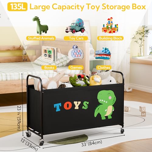 135L Large Toy Chest Storage Bin with Rolling Wheels and Sturdy Metal Frame