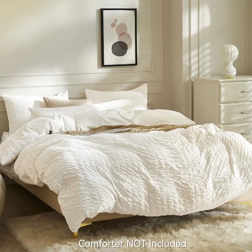 White Seersucker Duvet Cover Set Queen - Soft Microfiber Bedding with Ties
