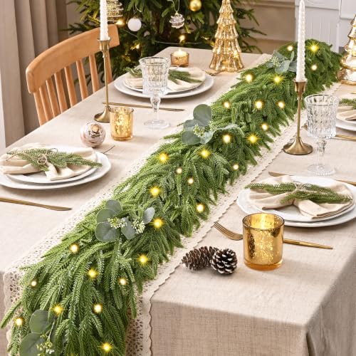 Waipfaru 9ft 2pcs Christmas Norfolk Pine Garland with Lights - Realistic Artificial Faux Cedar