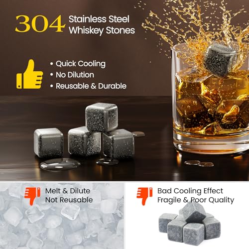 Kollea 8-Pack Stainless Steel Whiskey Stones Set with Tongs & Freezer Tray, Silver - Reusable Chilling Rocks Gift