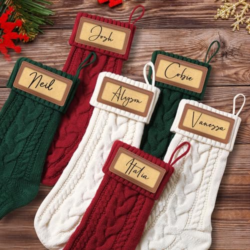 Green Personalized Christmas Stocking with Leather Patches - 18.5 Inch Large Knitted Holiday Decor