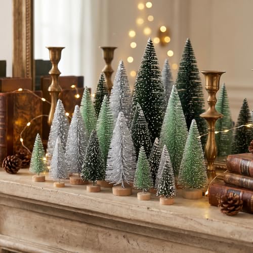 Hatisan 30pcs Mini Christmas Trees Artificial Snowy Bottle Brush Trees with Wooden Base - Silver