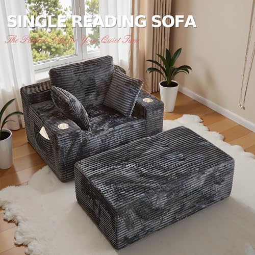 66-Inch Oversized Corduroy Chaise Lounge Chair with 3 Pillows - Grey