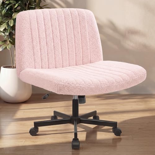 Criss Cross Desk Chair with Wheels - Wide Armless Teddy Pink Swivel Chair