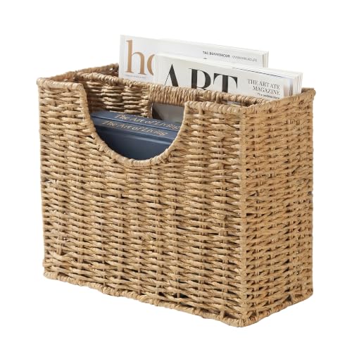 Woven Paper Rope Magazine Holder - Narrow Boho Organizer with Handle