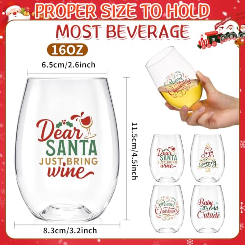 Yiyiring 24 Pcs Christmas Stemless Wine Glasses 16 oz, Plastic Glasses with Holiday Patterns