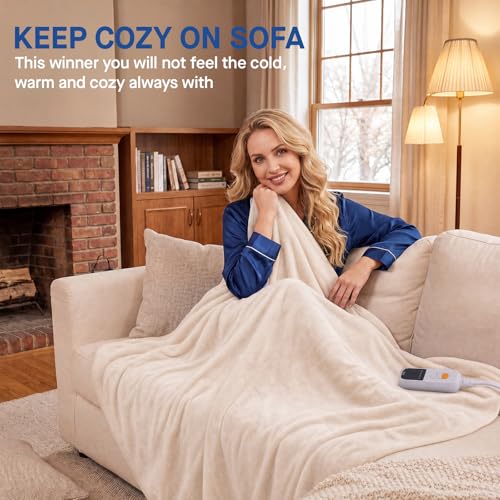 Electric Heated Blanket Throw 50x60 - 6 Heat Levels, Beige