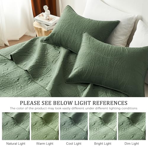Olive Green Queen Quilt Bedding Set - 3-Piece Lightweight Bedspread Coverlet